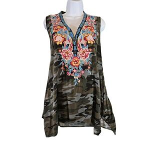 BAM Shirt Womens 1X Camo Floral Embroidered Sleeveless Tunic Boho Rayon Top READ